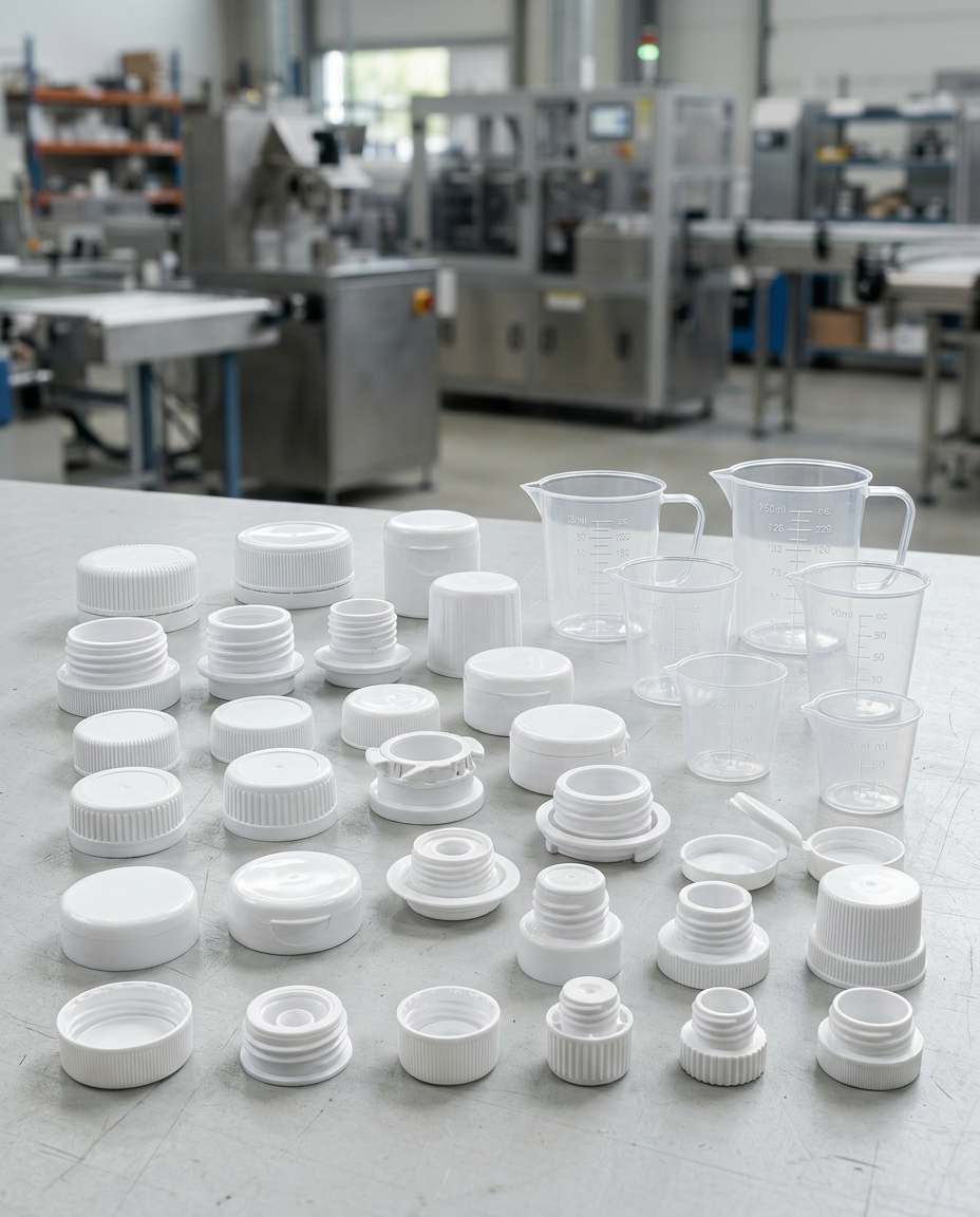 Caps, measuring cups and PET bottles by Amber Polypack
